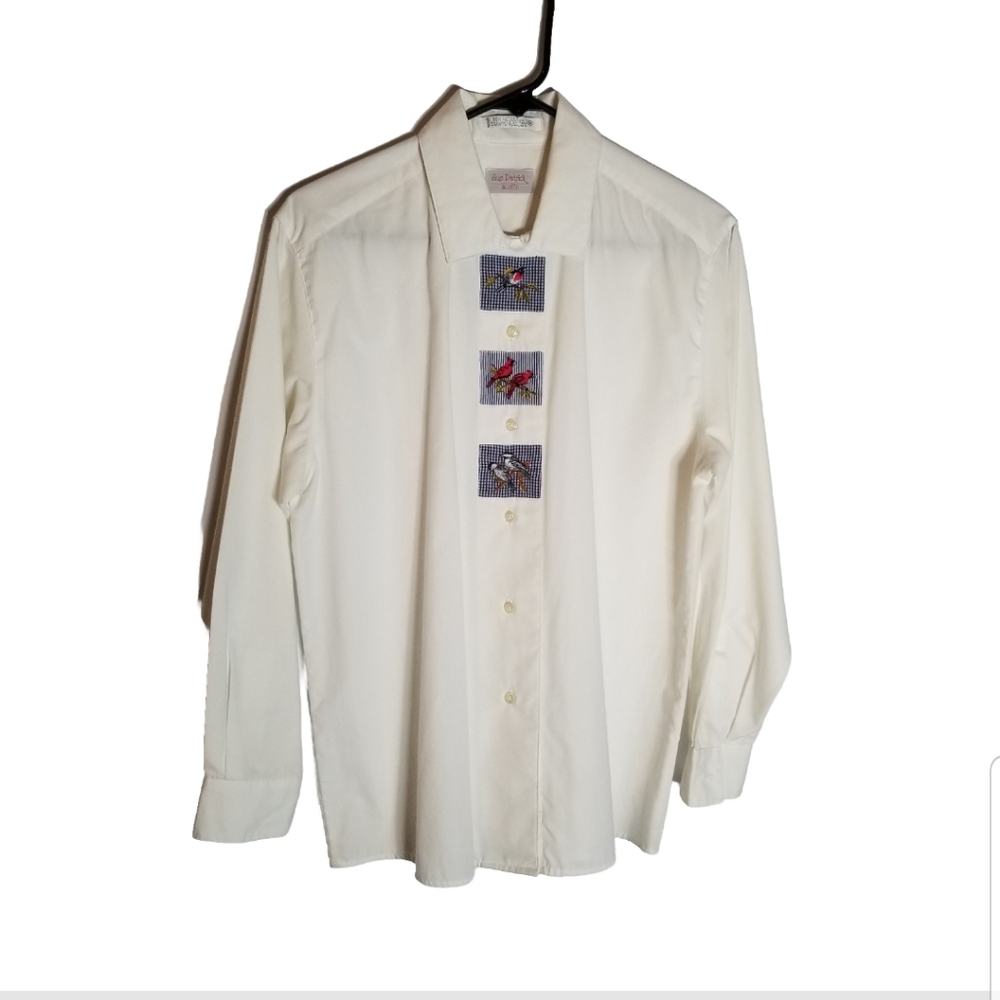 Sue Patrick Shirt Women's 8 White Button Up Embroidered Birds Cardinal